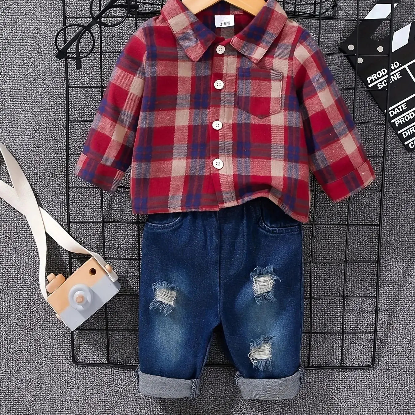 Boys' Spring Autumn Tartan Polo Shirt +-denim Long Trousers Two-piece Casual Outfit Boys Tweed Check Shirt