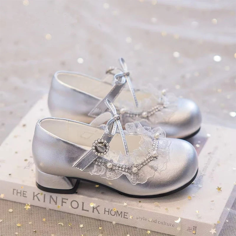Girls Dance Dress Shoes for Party Wedding Kids Princess Shoes High Heels 2026 Brand New Children Leather Shoes Round Toes Soft