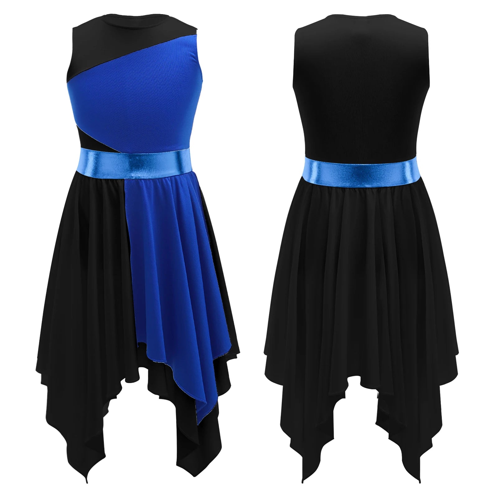 Kids Girls Modern Lyrical Ballroom Dance Dress Church Choir Praise Costume Sleeveless Asymmetrical Hem Contrast Color Gown