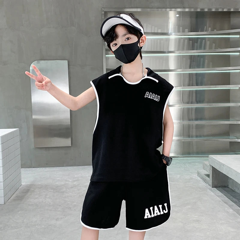 Boys Clothing Set American Style Children Vintage Vest Casual Sport Loose Pullover Sleeveless T-shirt Top Shorts Two-piece Set