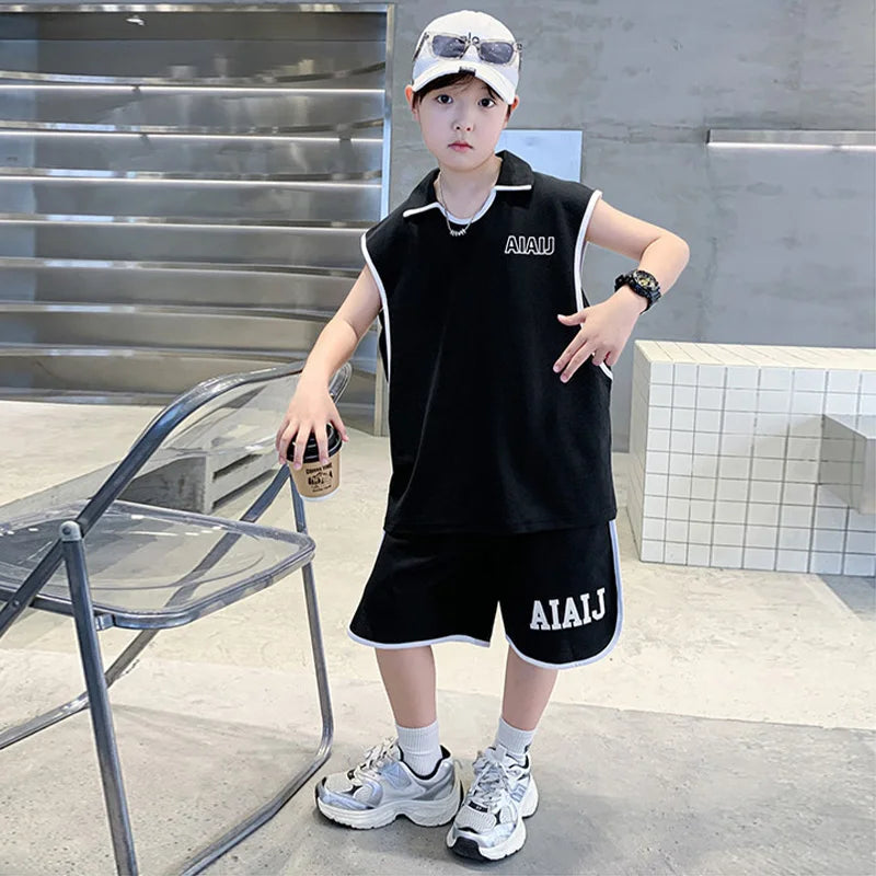 Boys Clothing Set American Style Children Vintage Vest Casual Sport Loose Pullover Sleeveless T-shirt Top Shorts Two-piece Set