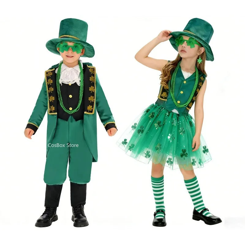 Boys Girls St.Patrick's Day Tailcoat Dress Costume Irish Elf Leprechaun School Party Outfits Halloween Carnival Stage PEFR Set