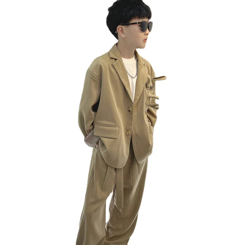School Boys Suits Casual Blazer Wide-legged Trousers Two Piece Kids Clothes Set Khaki Loose Children Wedding Birthday Costumes