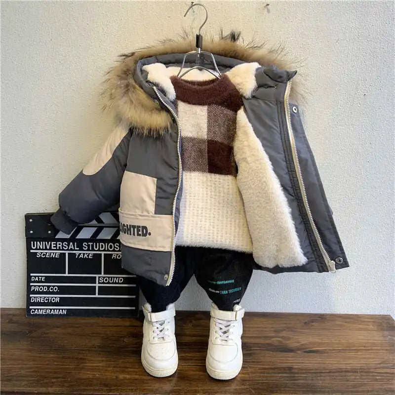 Winter Boys Coat 2026 New Baby Fur Collar Hooded Cotton Plus Velvet Thicken Warm Jacket For Children's Coat For Boys 2-8Years