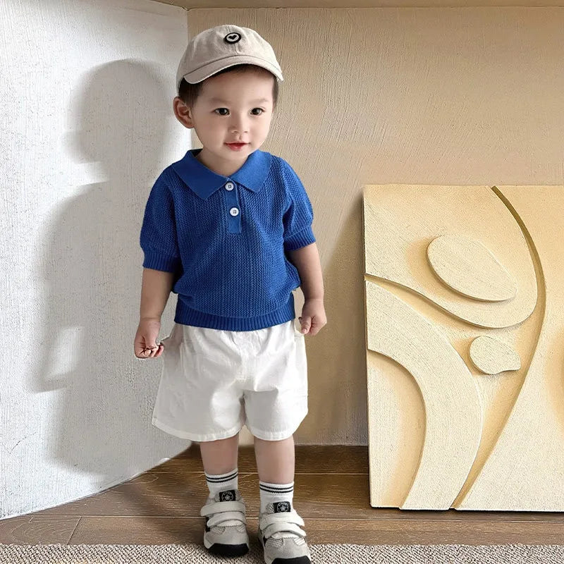 Boys Summer Outfit Fashion New Stylish Children's Handsome Hollow Polo Short Sleeve T-Shirt Plus Casual Pants Two-Piece Set