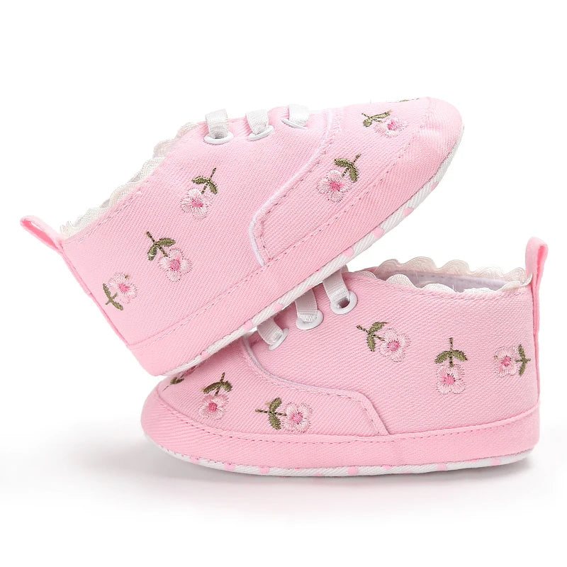 Baby Shoes Infant Pre-Walker Shoes, Floral Embroidery/ Bow Princess Sneakers, Soft Sole Casual Footwear for Baby Girls0-18M