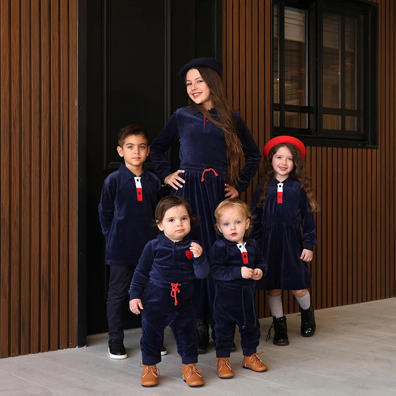 Family Clothes Navy Velour Set Girls Dress Boys Shirt Baby Romper Older 2 Pieces Set Long Sleeves Children Outfit Clothes