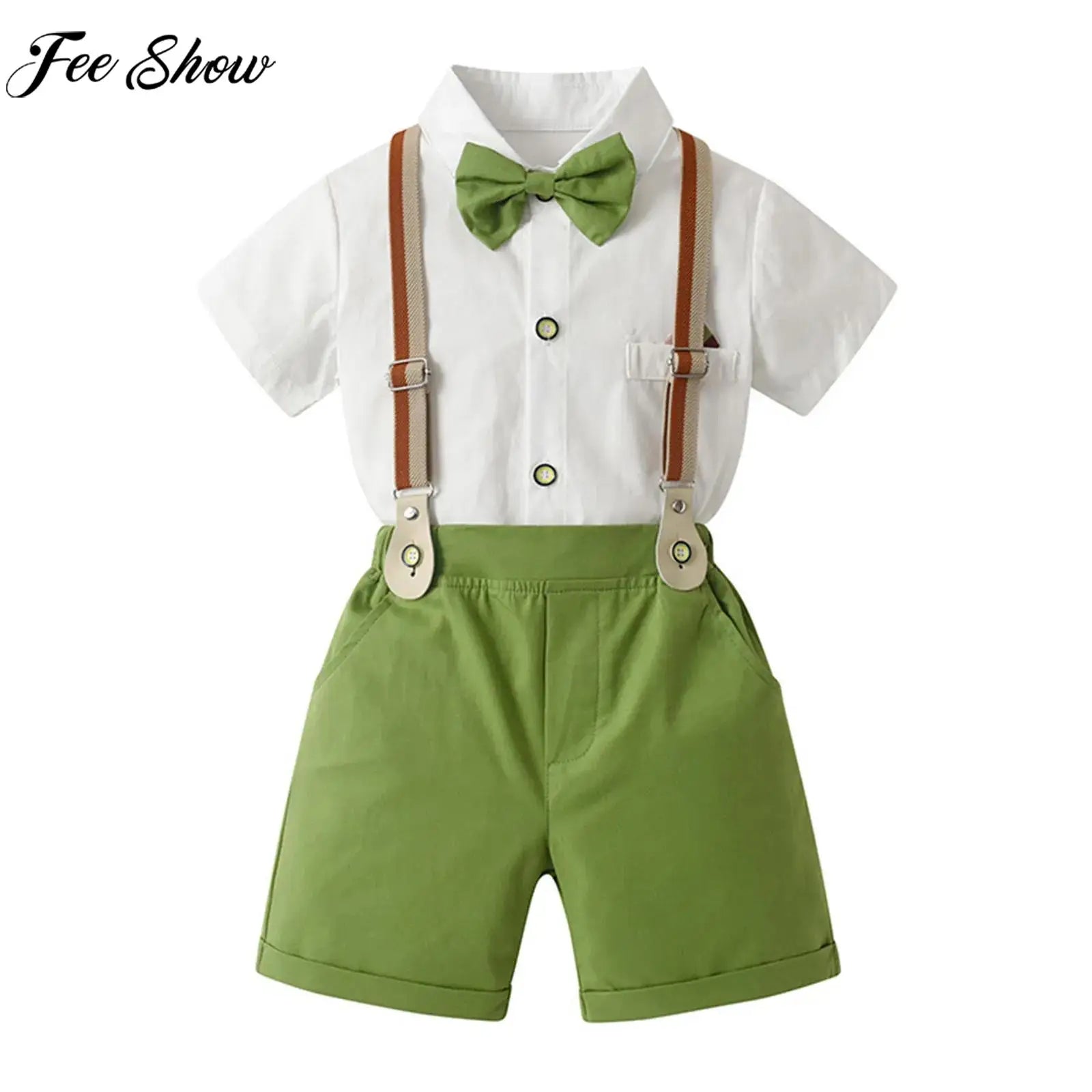 Toddler Boys Gentleman Suit Short Sleeve Lapel Bow Tie Tops with Suspender Shorts Baptism Birthday Wedding Party Formal Outfit