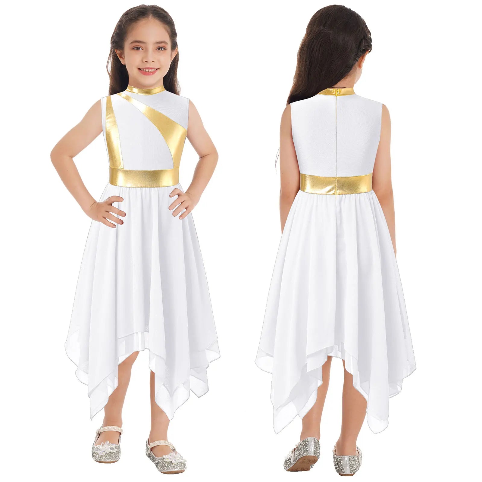 Kids Girls Modern Lyrical Ballroom Dance Dress Church Choir Praise Costume Sleeveless Asymmetrical Hem Contrast Color Gown