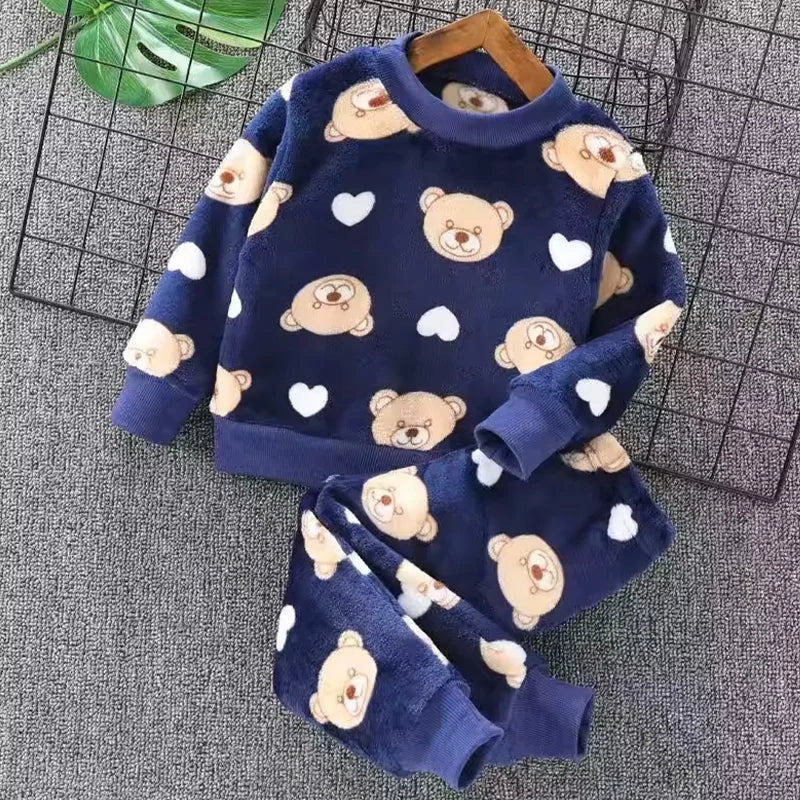 2026 New Winter Baby Boys Homewear Sets Autumn Fashion Flannel Fleece Clothes Kids Cartoon Bear Sleepwear Children Pajamas 3-8Y