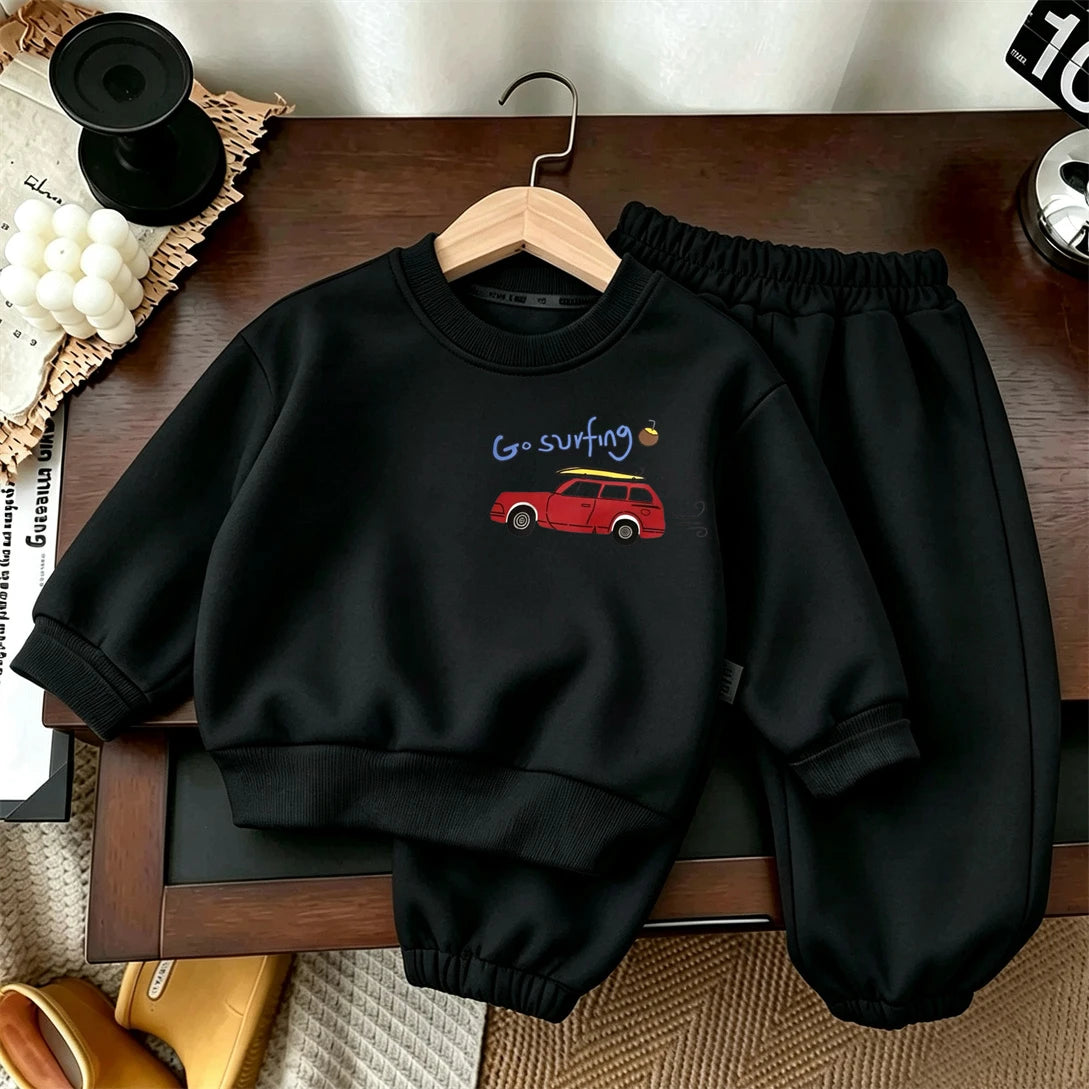 Boys Trendy Outfits Little Car Print Sweatshirts All-match Pants Fashion Sports Costume Children New Solid Color Two Piece Set
