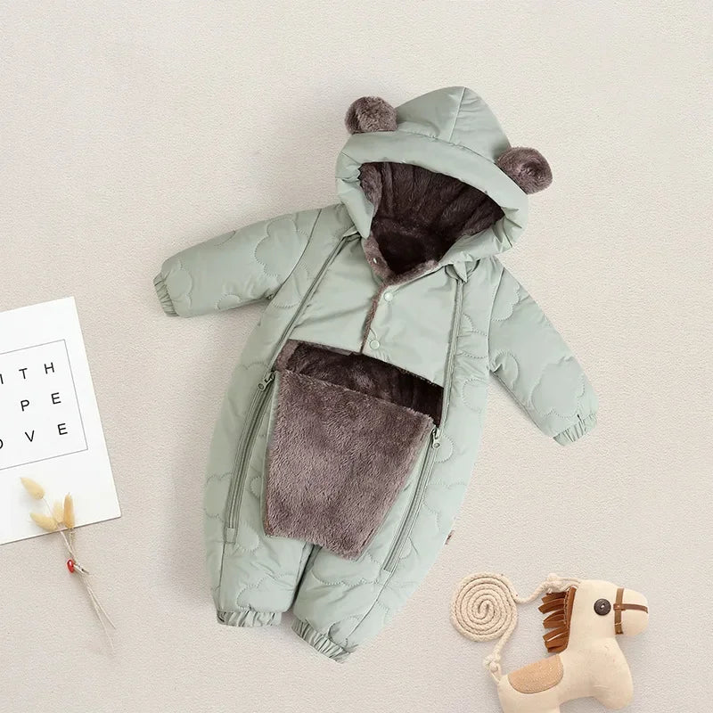 Winter Bear Ears Warm Baby Snowsuit Cute Solid Thickened Fleece for Girl Boy Jumpsuit Lined Double-Layer Hooded Toddler Romper