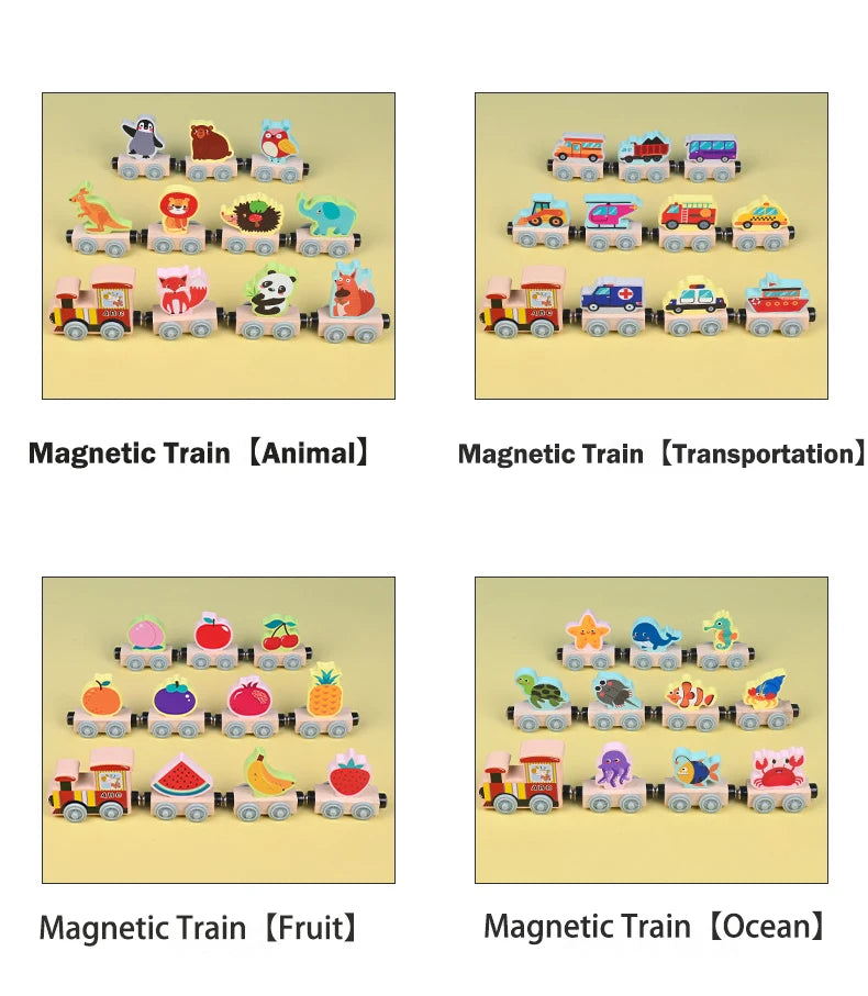 Montessori Magnetic Wooden Train Toys Early Educational Cognition Color Toy Learning Cars Animal Fruits Puzzle Train Set For kid