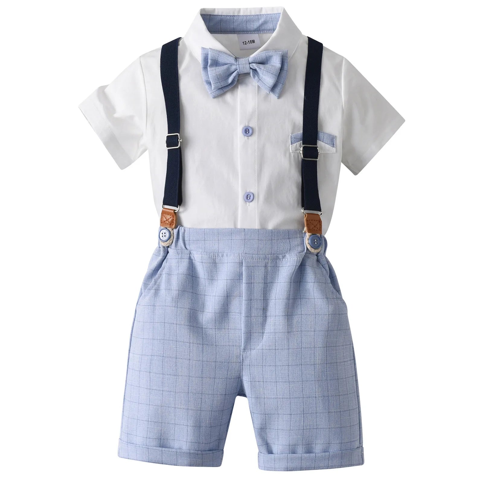 Toddler Boys Gentleman Suit Short Sleeve Lapel Bow Tie Tops with Suspender Shorts Baptism Birthday Wedding Party Formal Outfit