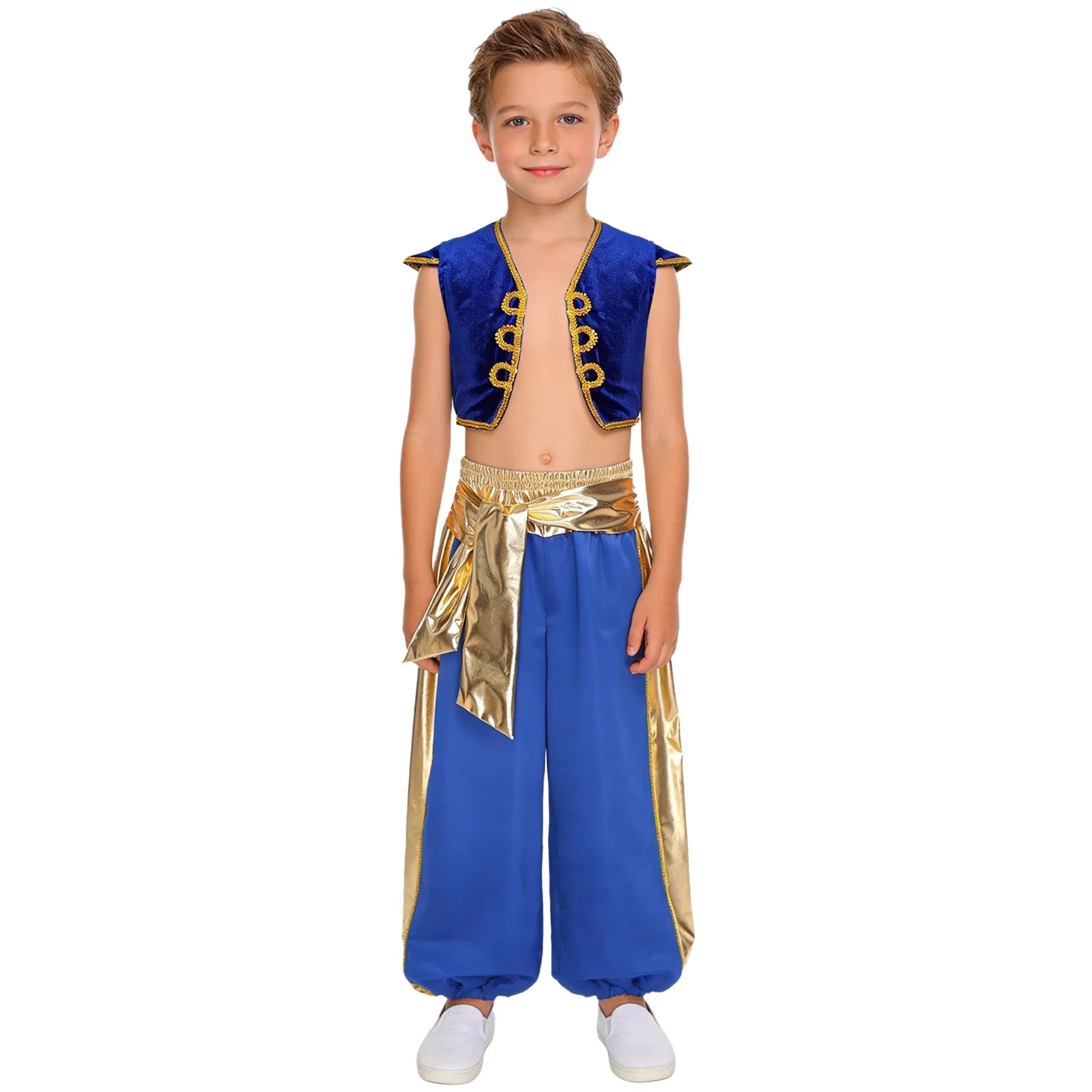 Teen Boys Arabian Prince Dress Up Outfit Halloween Lamp Elf Cosplay Costume Cap Sleeve Vest with Harem Pants Arab Dance Bloomers