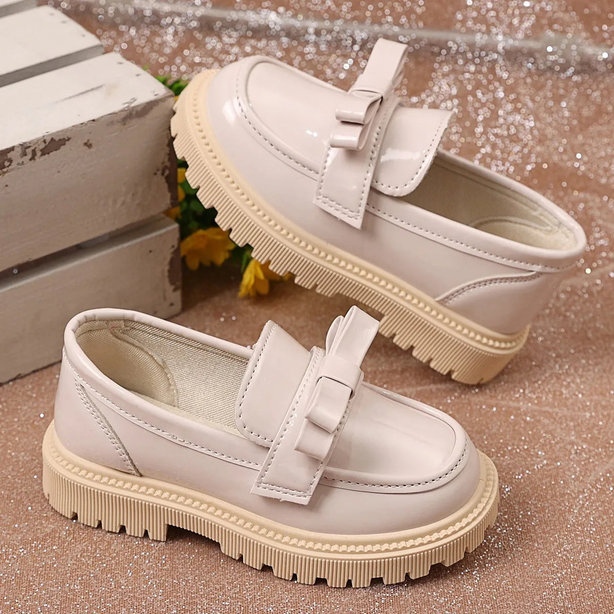 Girls Black Uniform Shoes for School Students Flats Round Toes Glossy 2025 Spring Autumn Children Leather Shoes British Style