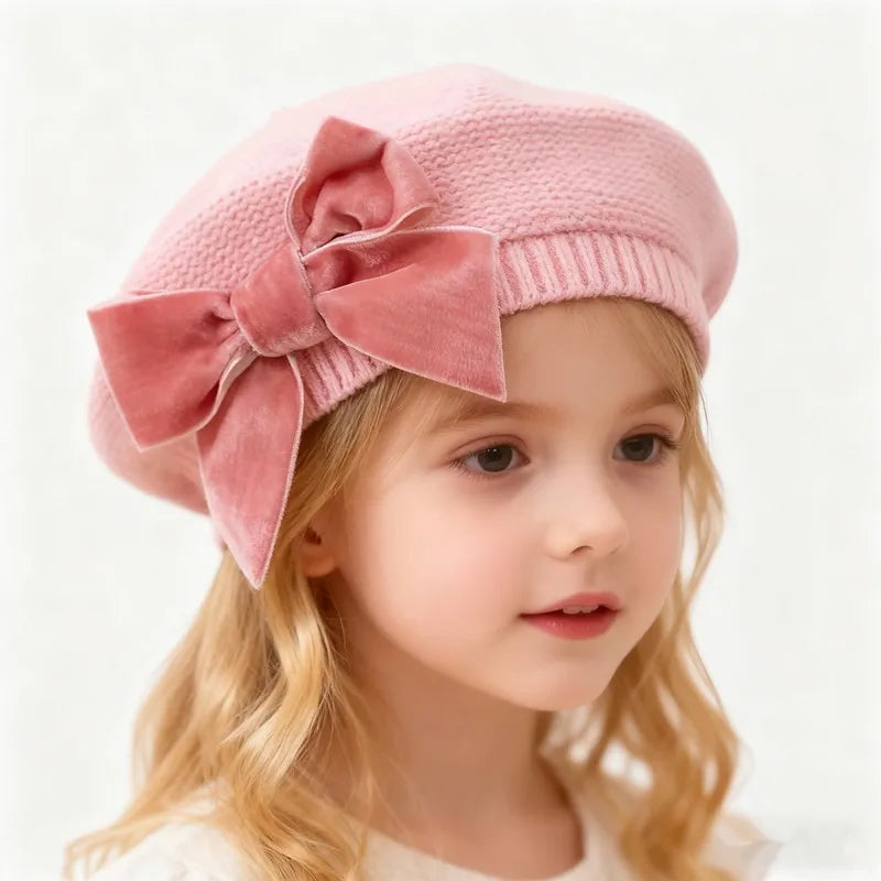 New Winter Baby Girls Warm Bowknot Knitted Hats Children Beret Beanie Hat Solid Hat Soft Chirstmas Kids Bonnet For 3-12Years