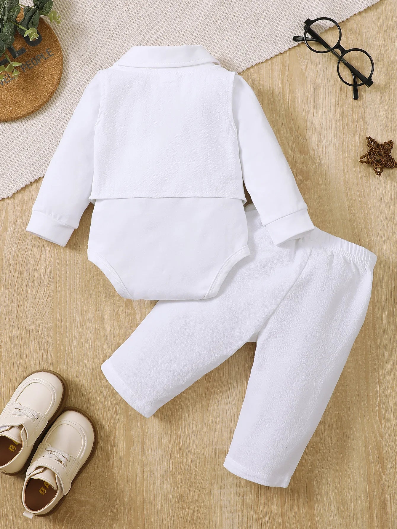 Baby Boy Christening Outfit Set - Long Sleeve Collared Romper Gown Vest+Pants+Mini Bow Tie Gentleman Formal Dress Suit Set