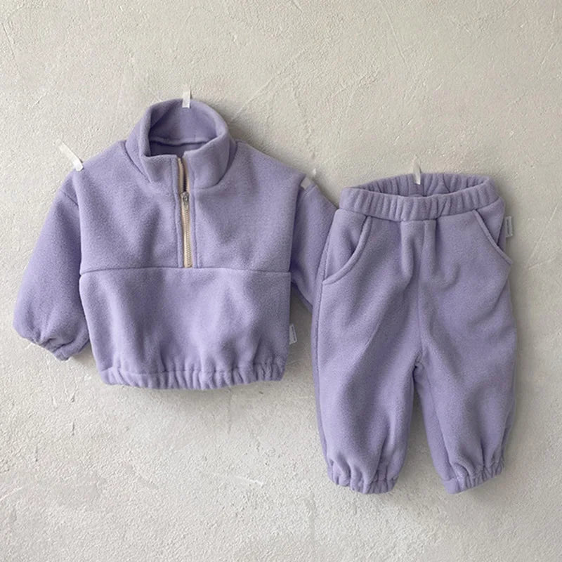 Autumn Winter Toddler Baby Boys Girl Sports Suit Children Clothes Fleece Solid Color Hoodies Suit Infant Boys Girl Outfit 2PCS