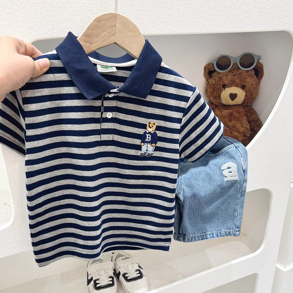 Boys Short Sleeve Tee Polo Shirt For Children 2025 Kids Clothes Striped Graphic Bear T-Shirt Summer Clothes Toddler Casual Tops