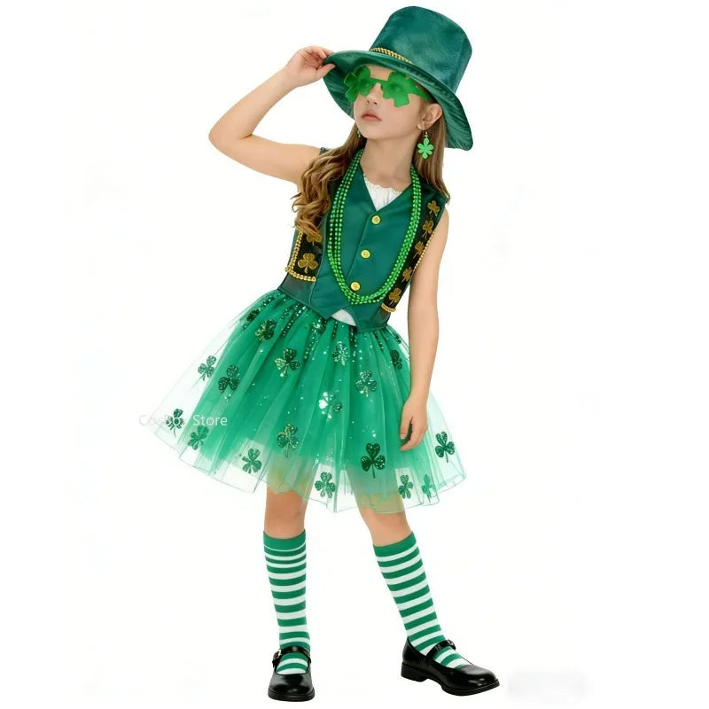 Boys Girls St.Patrick's Day Tailcoat Dress Costume Irish Elf Leprechaun School Party Outfits Halloween Carnival Stage PEFR Set
