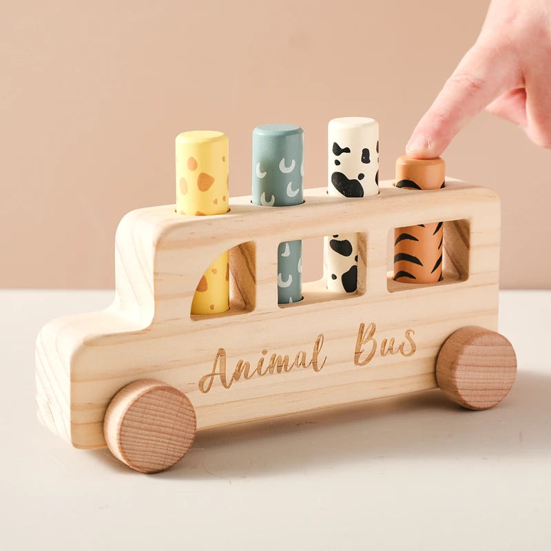 Baby Wooden Bouncing Toys Car Animal Bus Shaped Newborn Education Sensory Puzzle Hand Eye Coordination Training Toys Baby Gifts