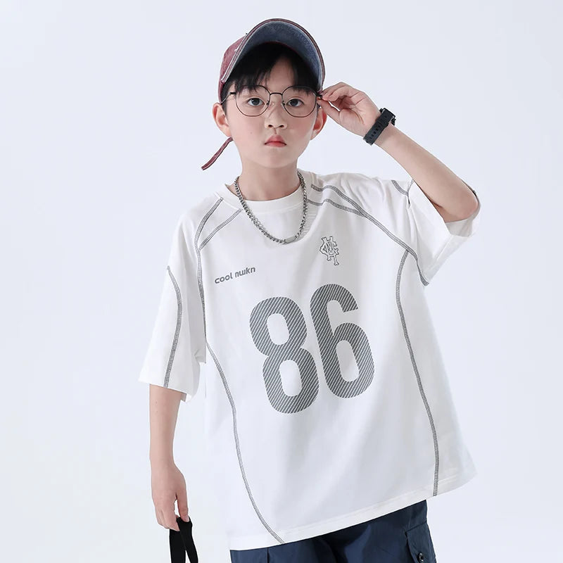 Children's Boys T-Shirts with Number Print Round Neck Short Sleeve Shirts for New Summer Casual Wear White Loose Cotton Clothes