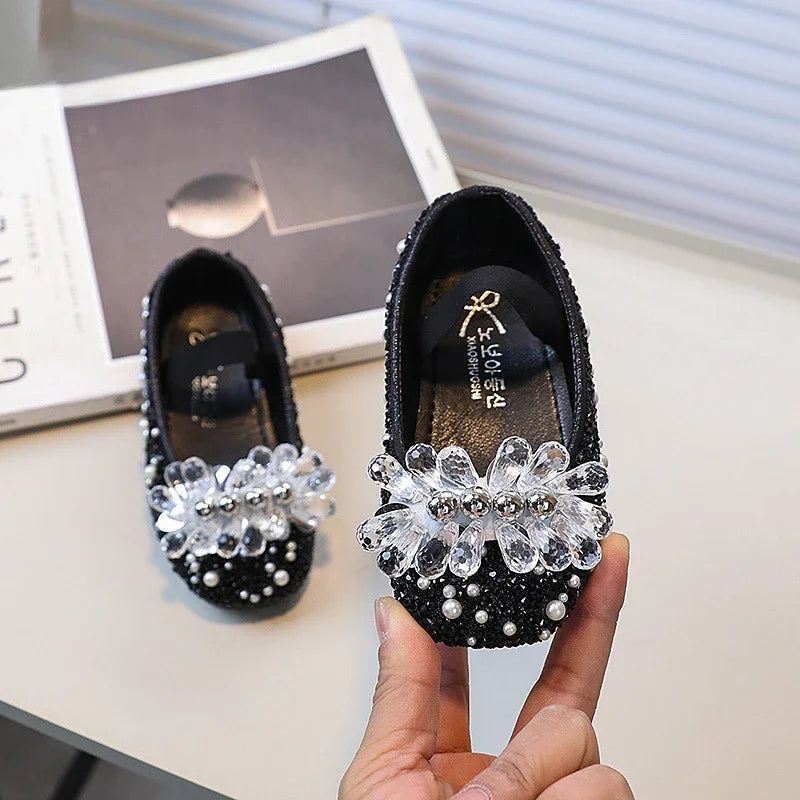 Children's Shoe for Girl Fashion Rhinestone Kids Leather Shoes Sequins Princess Ballet Slip-on Versatile Toddler Casual Shoes