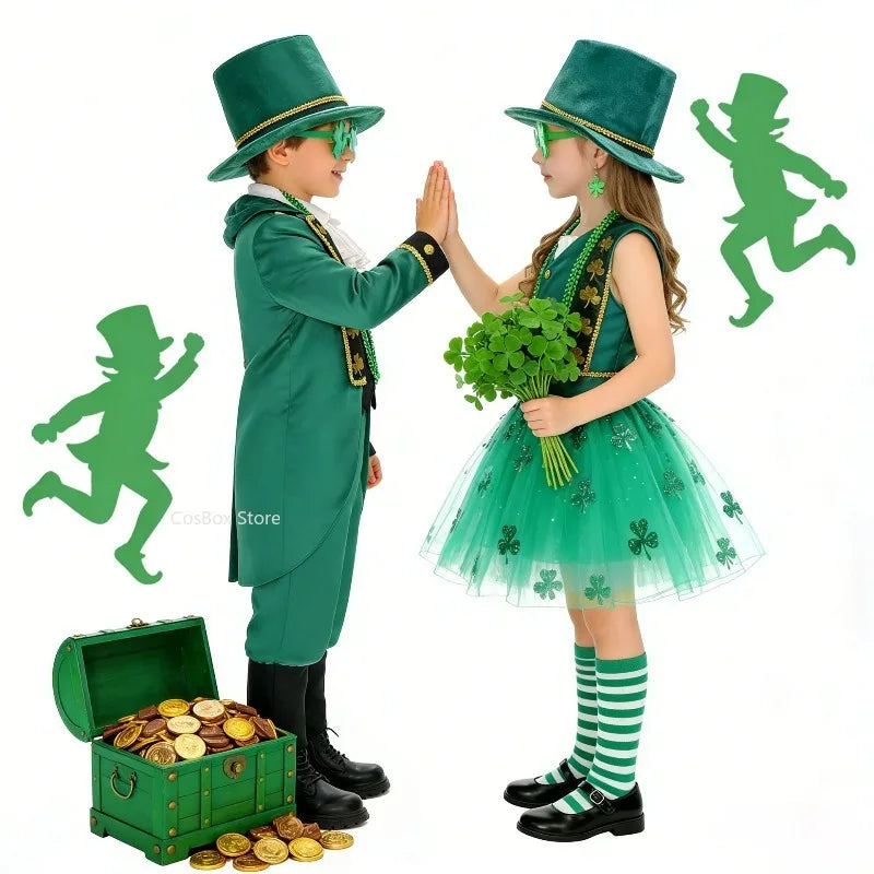 Boys Girls St.Patrick's Day Tailcoat Dress Costume Irish Elf Leprechaun School Party Outfits Halloween Carnival Stage PEFR Set