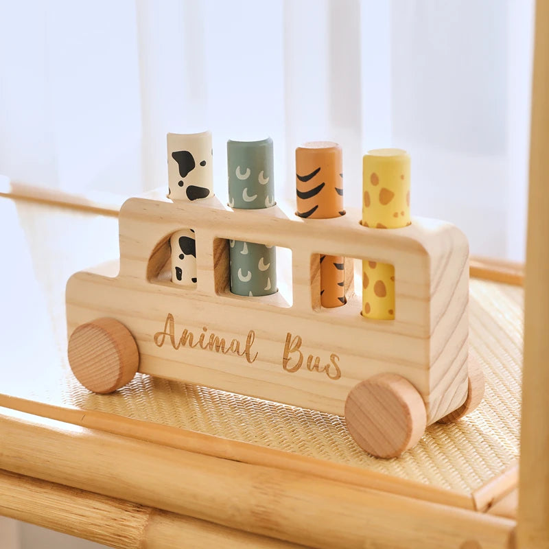 Baby Wooden Bouncing Toys Car Animal Bus Shaped Newborn Education Sensory Puzzle Hand Eye Coordination Training Toys Baby Gifts