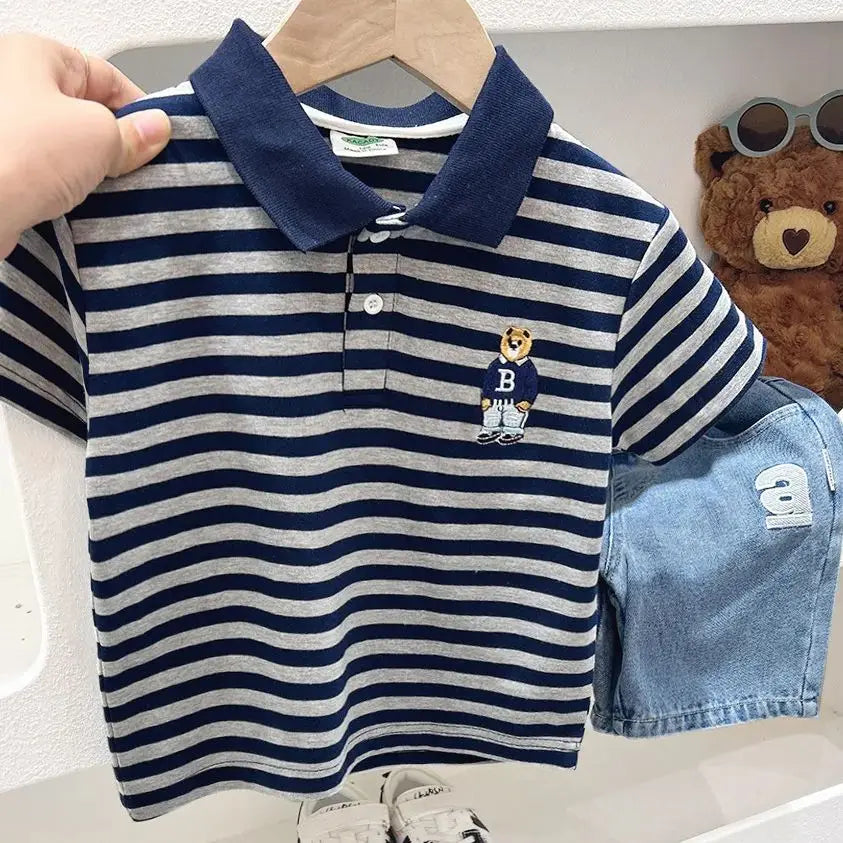 Boys Short Sleeve Tee Polo Shirt For Children 2025 Kids Clothes Striped Graphic Bear T-Shirt Summer Clothes Toddler Casual Tops
