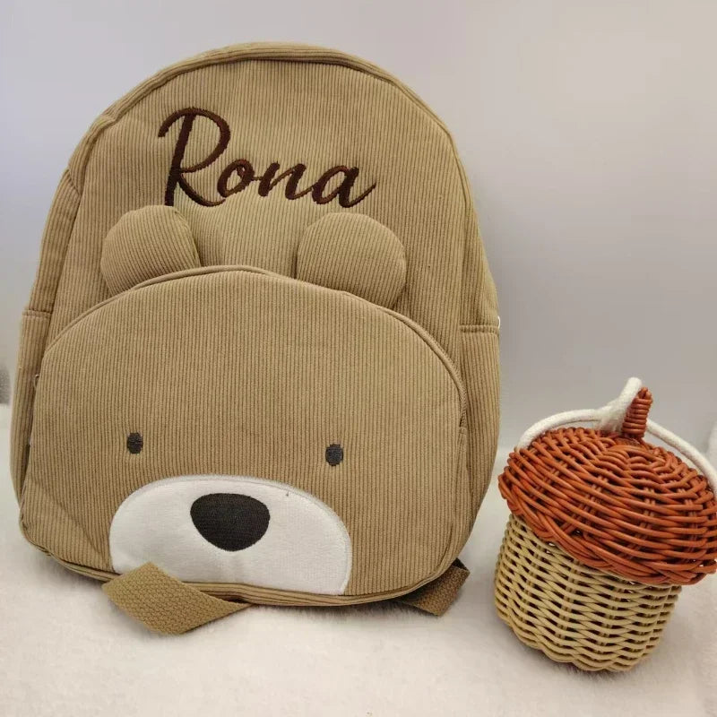 Personalized corduroy Backpack custom name embridery kindergarten schoolbags for children girls boys solid baby cute bags bear