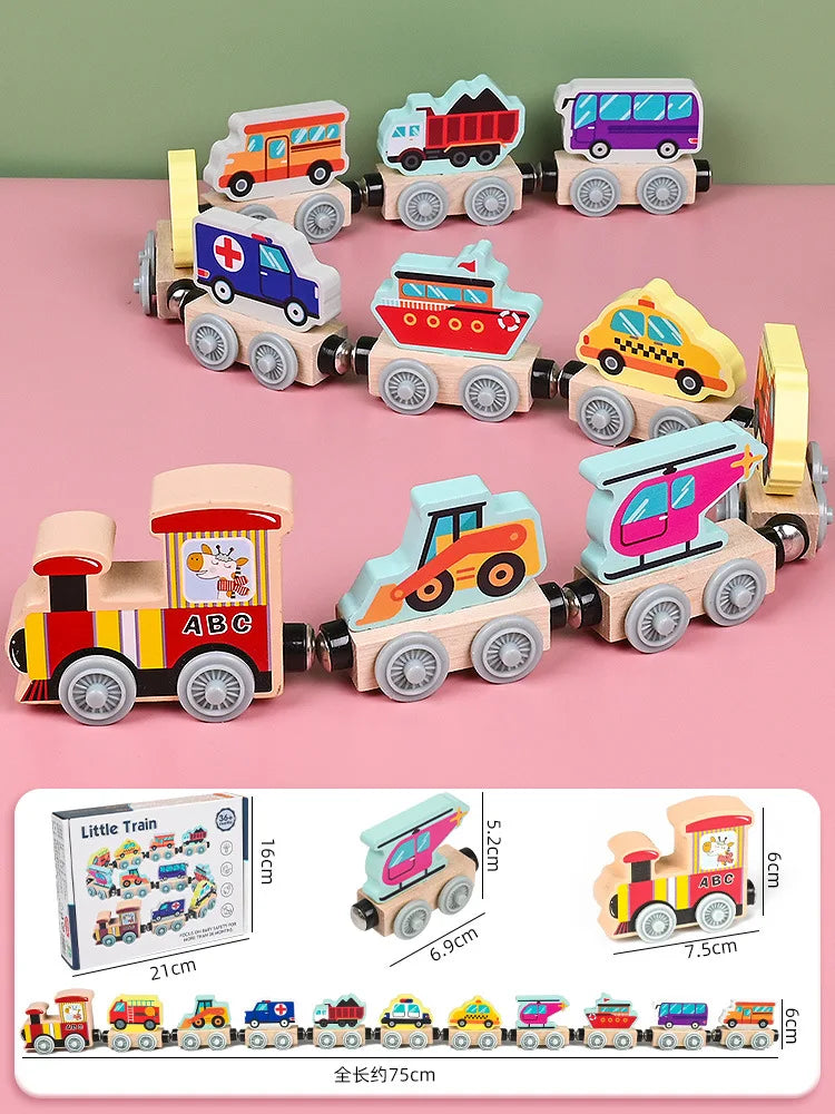 Montessori Magnetic Wooden Train Toys Early Educational Cognition Color Toy Learning Cars Animal Fruits Puzzle Train Set For kid