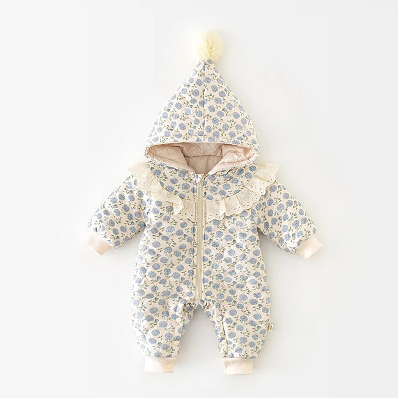 Baby Winter Jumpsuit 0-2 Years old Infant Girls Clothing Sweet Lace Floral of Print Romper Toddler Thick Warm Outerwear