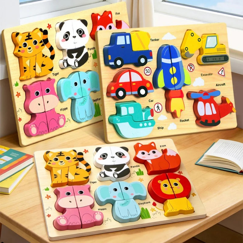 Montessori Wooden Toys 3D Wood Puzzles Cartoon Animal Car Fruit Cognitive Jigsaw Puzzle Early Learning Educational Toys for Kids