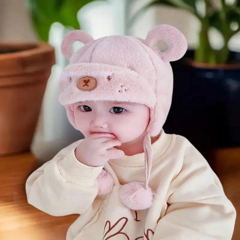 Cute Winter Warm Kids Girl Boys Baby Hats Fleece Wool Hemming Caps With Ball Solid Wool Ear Protection Hats Soft Newborn Bonnet