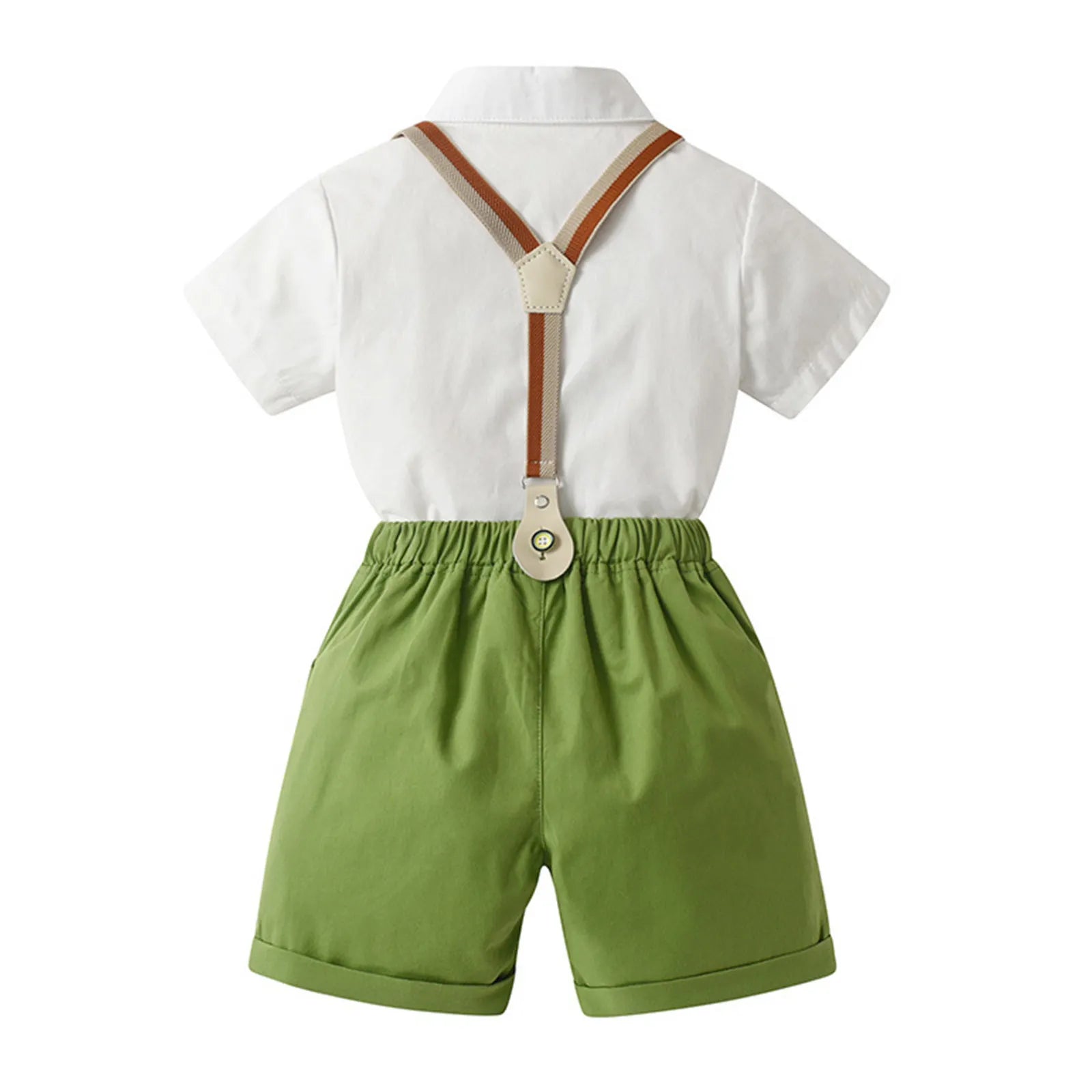 Toddler Boys Gentleman Suit Short Sleeve Lapel Bow Tie Tops with Suspender Shorts Baptism Birthday Wedding Party Formal Outfit