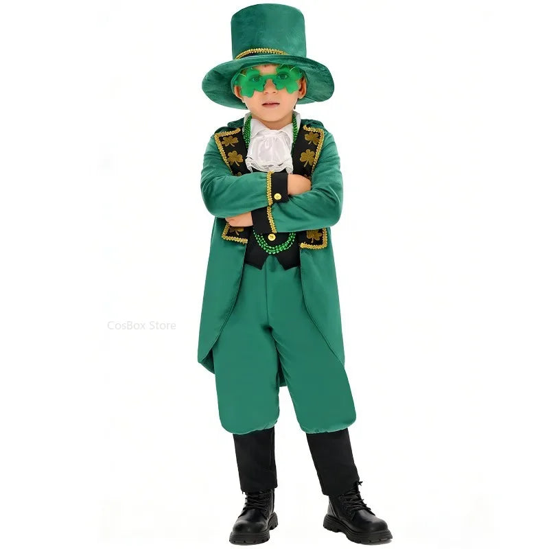 Boys Girls St.Patrick's Day Tailcoat Dress Costume Irish Elf Leprechaun School Party Outfits Halloween Carnival Stage PEFR Set
