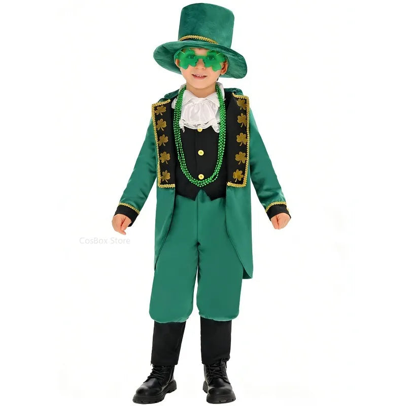 Boys Girls St.Patrick's Day Tailcoat Dress Costume Irish Elf Leprechaun School Party Outfits Halloween Carnival Stage PEFR Set