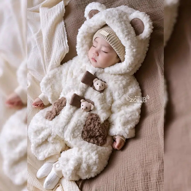 2026 Winter Baby Girls Boys Cute Cartoon Bear Soft Warm Fleece Hooded Rompers Infant Kids Long Sleeve Overalls Jumpsuit