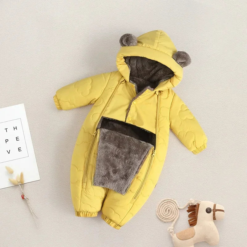 Winter Bear Ears Warm Baby Snowsuit Cute Solid Thickened Fleece for Girl Boy Jumpsuit Lined Double-Layer Hooded Toddler Romper