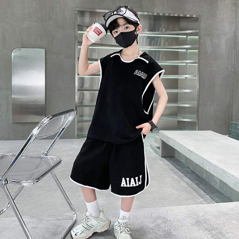 Boys Clothing Set American Style Children Vintage Vest Casual Sport Loose Pullover Sleeveless T-shirt Top Shorts Two-piece Set