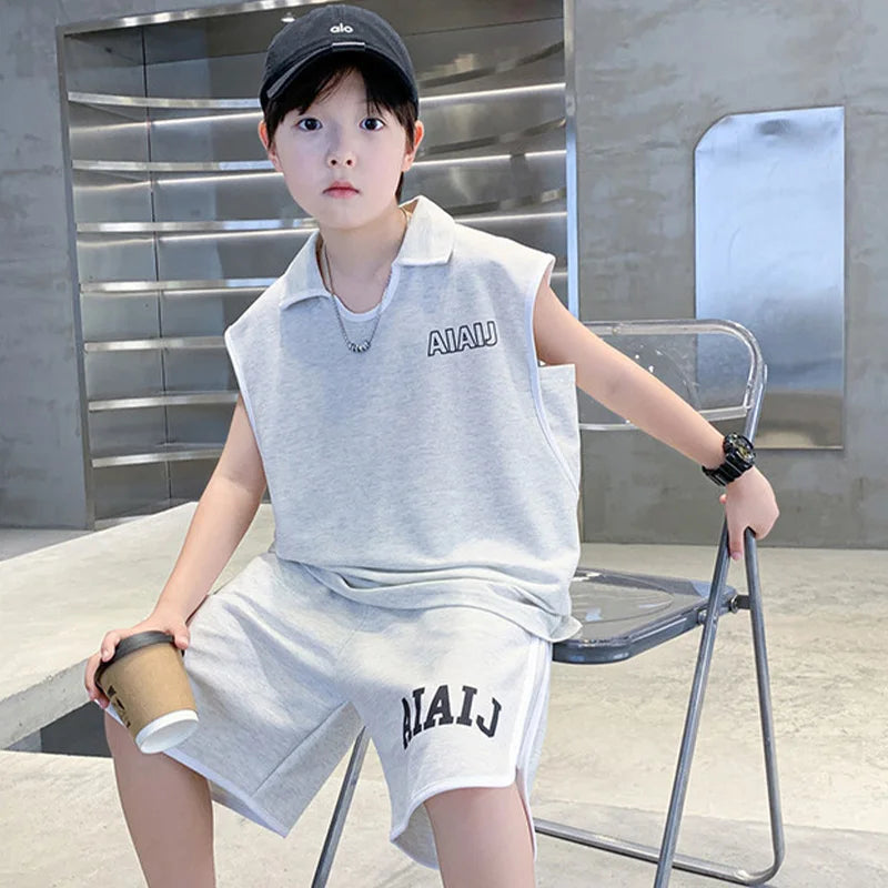 Boys Clothing Set American Style Children Vintage Vest Casual Sport Loose Pullover Sleeveless T-shirt Top Shorts Two-piece Set