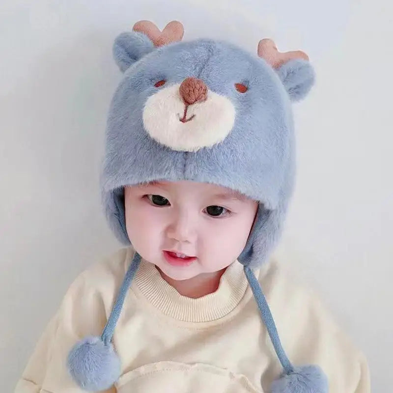 Cute Winter Warm Kids Girl Boys Baby Hats Fleece Wool Hemming Caps With Ball Solid Wool Ear Protection Hats Soft Newborn Bonnet