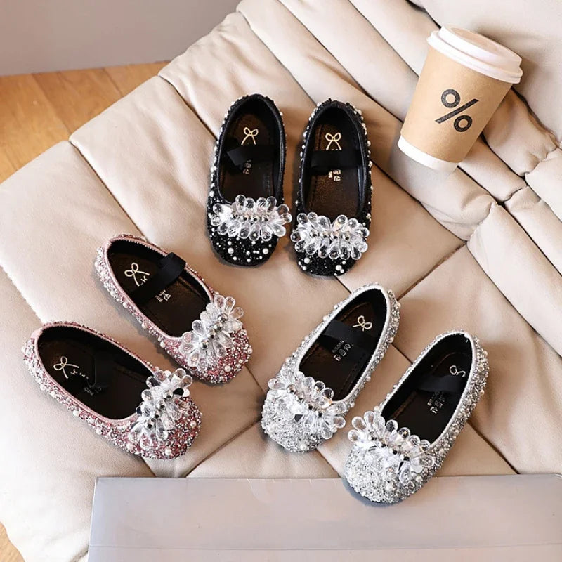 Children's Shoe for Girl Fashion Rhinestone Kids Leather Shoes Sequins Princess Ballet Slip-on Versatile Toddler Casual Shoes