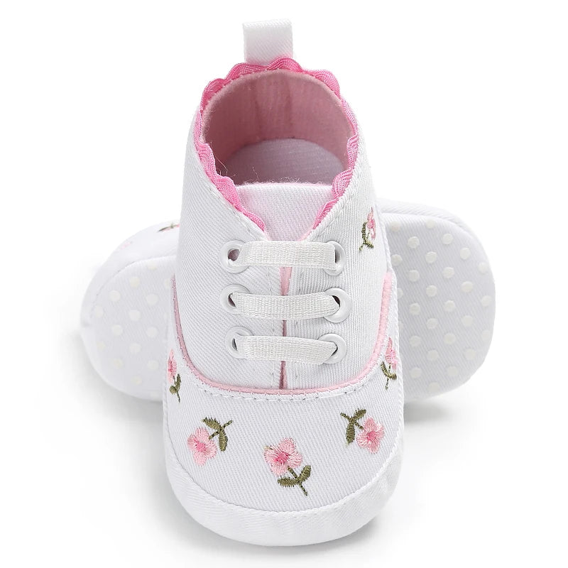 Baby Shoes Infant Pre-Walker Shoes, Floral Embroidery/ Bow Princess Sneakers, Soft Sole Casual Footwear for Baby Girls0-18M