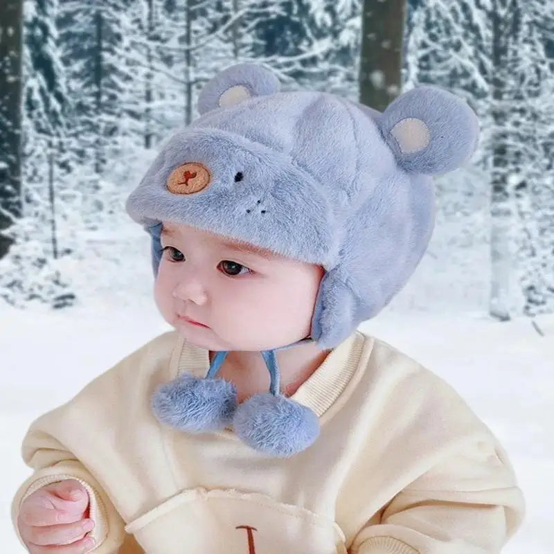 Cute Winter Warm Kids Girl Boys Baby Hats Fleece Wool Hemming Caps With Ball Solid Wool Ear Protection Hats Soft Newborn Bonnet