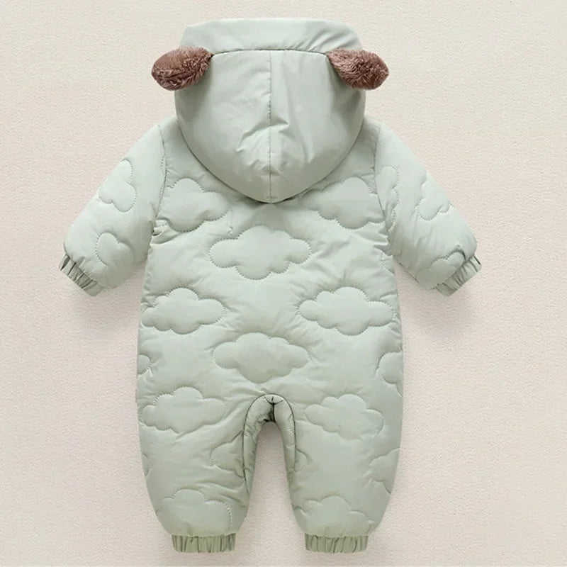 Winter Bear Ears Warm Baby Snowsuit Cute Solid Thickened Fleece for Girl Boy Jumpsuit Lined Double-Layer Hooded Toddler Romper