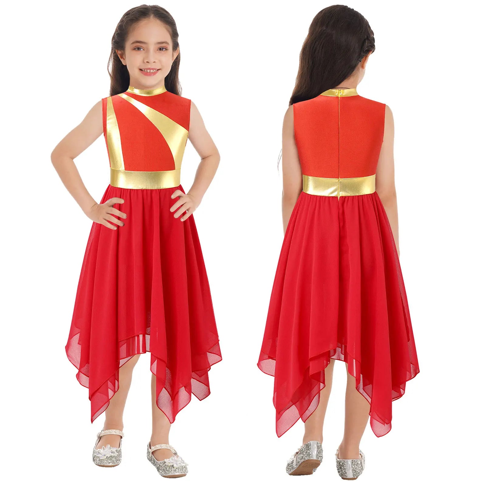Kids Girls Modern Lyrical Ballroom Dance Dress Church Choir Praise Costume Sleeveless Asymmetrical Hem Contrast Color Gown