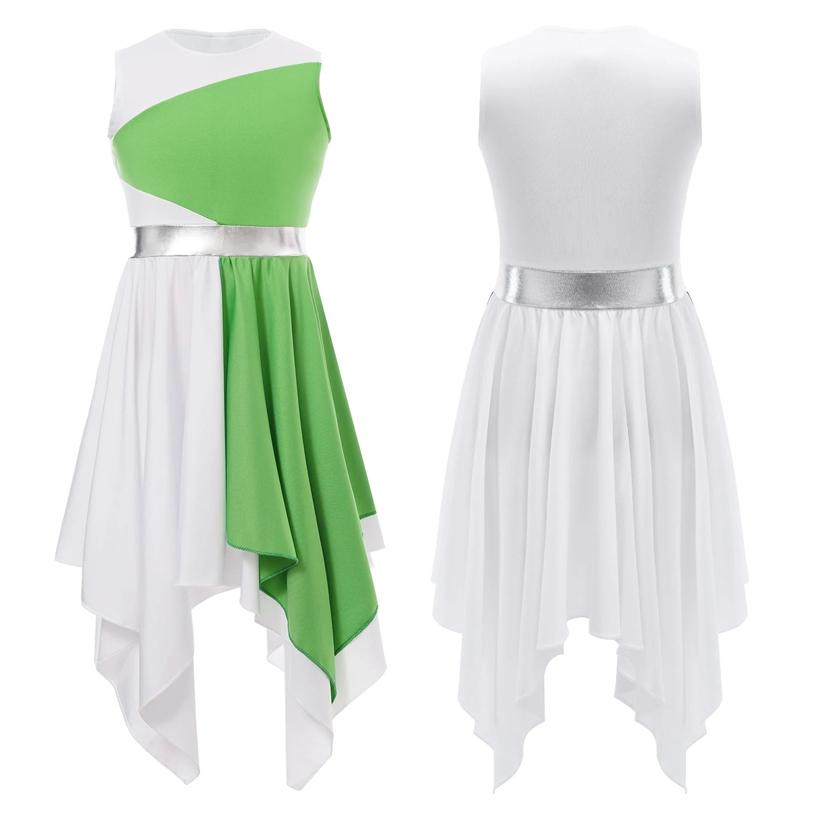 Kids Girls Modern Lyrical Ballroom Dance Dress Church Choir Praise Costume Sleeveless Asymmetrical Hem Contrast Color Gown